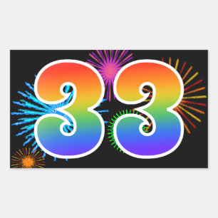 Spaßige Feuerwerke + Regenbogenmuster "33" Ereigni Rechteckiger Aufkleber