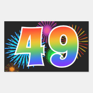 Spaßige Feuerwerke + Regenbogenmuster "49" Ereigni Rechteckiger Aufkleber