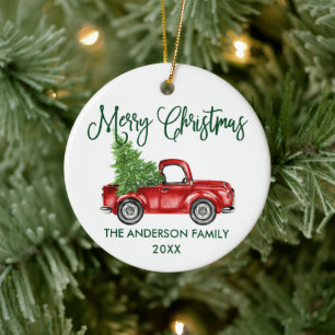 Spaßige Kalligrafie Vintage-LKW Grün Weihnachten Keramik Ornament