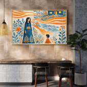 Spaßige Mutter-und-Kind-Volkskunst-Illustration Poster