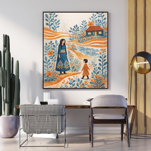 Spaßige Mutter-und-Kind-Volkskunst-Illustration Poster