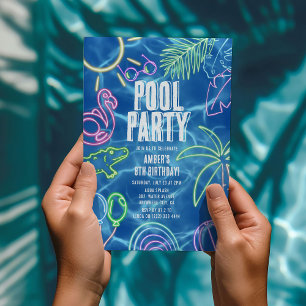 Spaßige Neon-Poolparty-Geburtstagsfeier Einladung