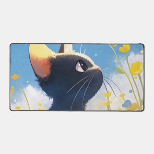 Spaßige schwarze Katze Sonnige gelbe Butterblume H Schreibtischunterlage