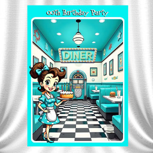 Spaßiger 1950er Retro-Diner-Geburtstagskuchen Aqua Einladung