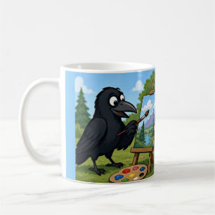 Spaßiger Künstlerkrähe, die Landschaftskunst malt Kaffeetasse