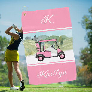 Spaßiger rosa Golf Damenwagen Monogramm Name    Golfhandtuch