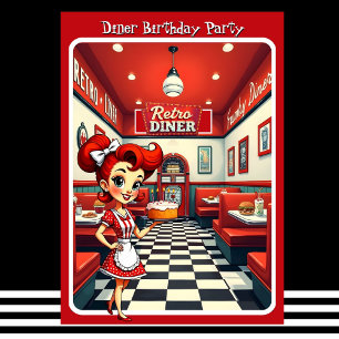 Spaßiger roter Geburtstagskuchen im Retro-Diner-St Einladung
