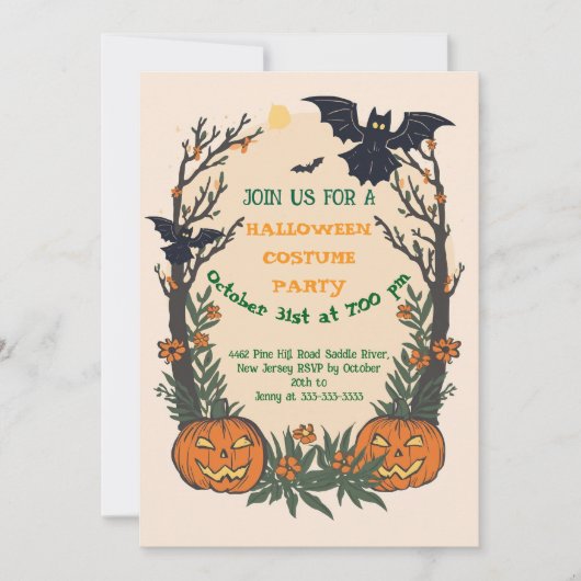 Spaßiges Halloween mit Kürbissen, Fledermäusen und Einladung (Vorderseite)