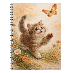 Spaßiges Kätzchen jagt Schmetterling Blumendesign Notizblock