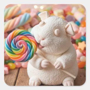 Spaßiges Meerschweinchen mit Marshmallow und Lutsc Quadratischer Aufkleber
