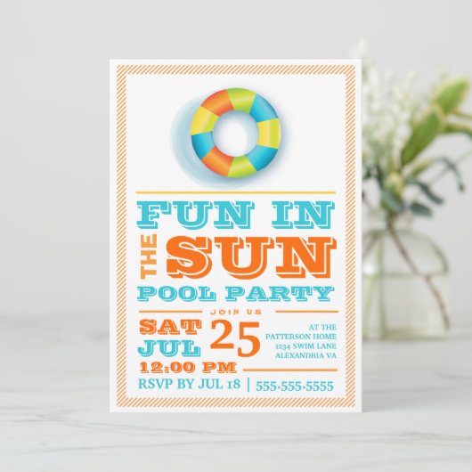 Spaßsun-Pool-Party-bunte Retro Einladung (Stehend Vorderseite)