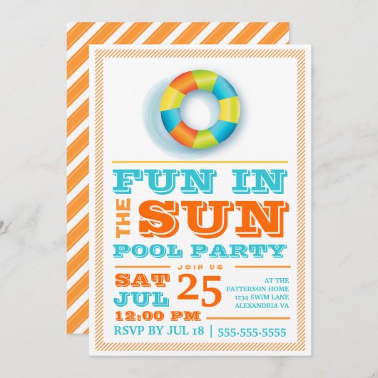 Spaßsun-Pool-Party-bunte Retro Einladung (Vorne/Hinten)