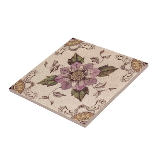 Späte 1800er Handfarbene Floral Transferware Repro Fliese (Seite)