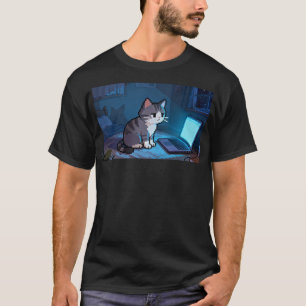 Späte Nacht Pixel-Katze arbeitet an Laptop – Cozy  T-Shirt