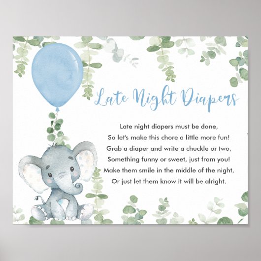 Späte Nacht Windeln Baby Duschgame Blue Elefant Poster (Vorne)