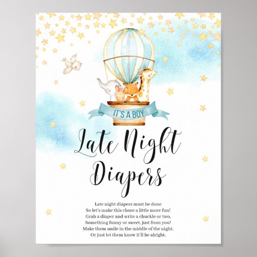 Späte Nacht Windeln Spielzeichen Baby Shower Tiere Poster (Vorne)