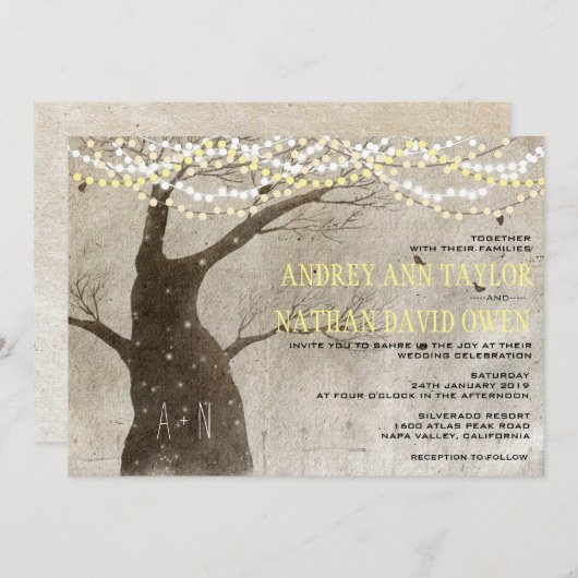 Später Herbst oder Winter Rustikale Baumlichter Ho Einladung (Vorne/Hinten)