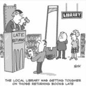 Spätes Bibliothekbuch. Strenge Strafe für verspäte Aufkleber (Vorderseite)