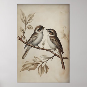 Spatzen auf Baum Druck, Spatzen Rustikaler Cottage Poster