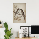 Spatzen auf Baum Druck, Spatzen Rustikaler Cottage Poster (Heimbüro)