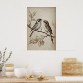 Spatzen auf Baum Druck, Spatzen Rustikaler Cottage Poster (Küche)