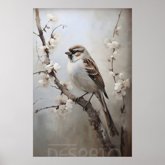 Spatzen-Frühlingswald-Druck, rustikale Vogelkinder Poster (Vorne)