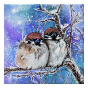Spatzen-Paar im Winter Poster - Malerei