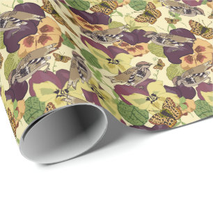 Spatzen & Stiefmütterchen – Vintage-Garteninspirat Geschenkpapier