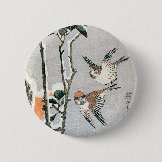 Spatzen und Kamelie im Schnee von Ando Hiroshige Button (Vorderseite)