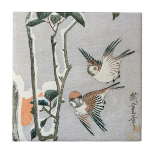 Spatzen und Kamelie im Schnee von Ando Hiroshige Fliese