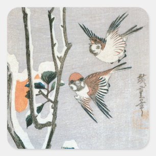 Spatzen und Kamelie im Schnee von Ando Hiroshige Quadratischer Aufkleber