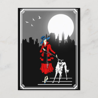 Spaziergang im Mondlicht Vintage Art Deco Dame  Postkarte