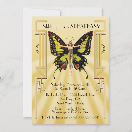 Speakeasy Butterfly Flapper Great Gatsby Party Einladung (Vorderseite)