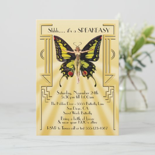 Speakeasy Butterfly Flapper Great Gatsby Party Einladung (Stehend Vorderseite)