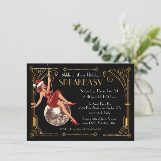 Speakeasy Christmas Great Gatsby Art Deco Party Einladung (Stehend Vorderseite)