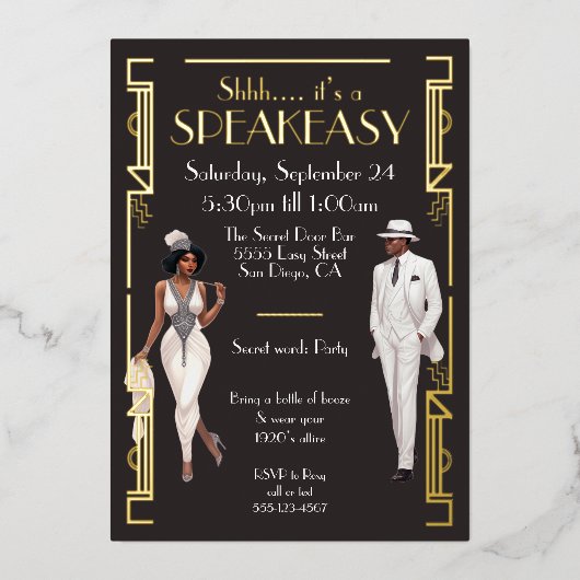 Speakeasy Flapper Party Afroamerikaner Folieneinladung (Vorderseite)