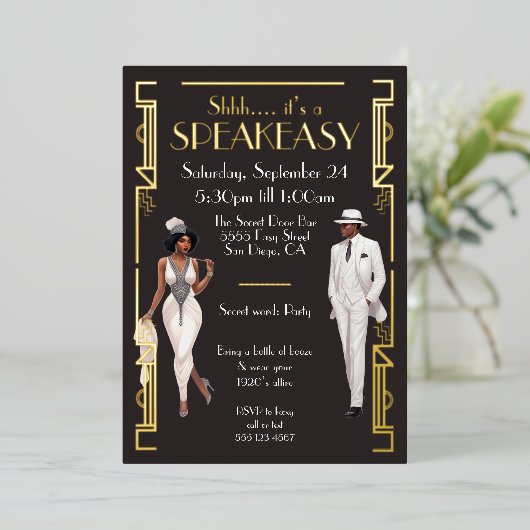 Speakeasy Flapper Party Afroamerikaner Folieneinladung (Stehend vorne)