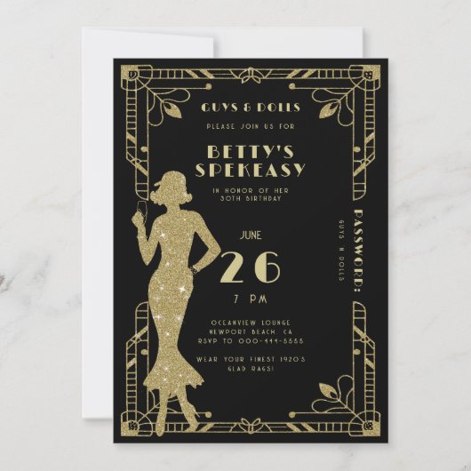 Speakeasy Flapper Roaring 20er Gatsby Gold Geburts Einladung (Vorderseite)