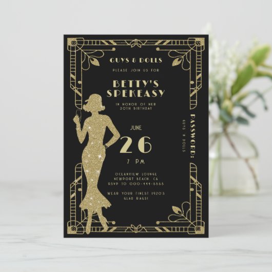 Speakeasy Flapper Roaring 20er Gatsby Gold Geburts Einladung (Stehend Vorderseite)