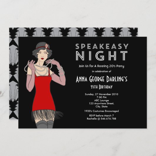 Speakeasy Night Party Roaring 20 Einladung (Vorne/Hinten)
