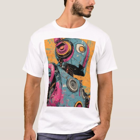 Speaker-Bot with Pink Headphones — Retro-Futurist T-Shirt (Vorderseite)