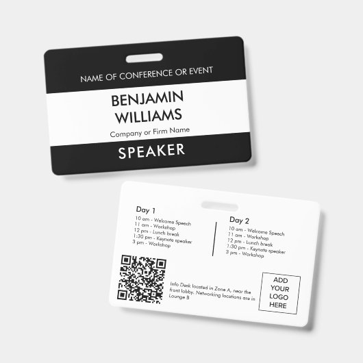 Speaker Name Badge QR Black White Logo ID Event Ausweis (Vorder- & Rückseite)