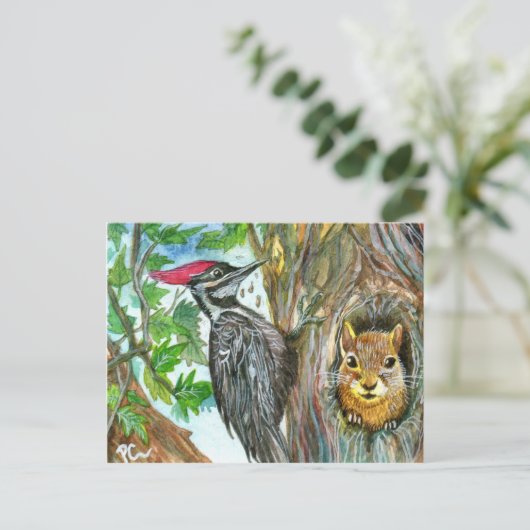 Spechte und Eichhörnchen Postkarte (Stehend Vorderseite)