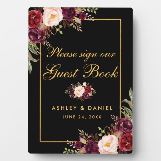 Special 12x18 Burgundy Black Gold Wedding Guestboo Fotoplatte (Vorderseite)