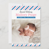 Special Delivery Baby Girl Foto Pink Blue Birth Ankündigung (Vorderseite)