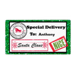 Special Delivery Christmas<br><div class="desc">Personalize your Christmas ohrts and packages with these gift tags. There's Green Glitter Border With White Center. Wir haben die left corner there a North Pole stamp. Along the bottom is the unterschrift of Santa Claus with a stamp "Nice" next to it. You add the recipients name and present is...</div>