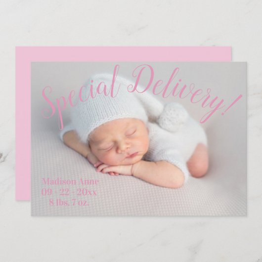 Special DelIvery Foto Script Baby Girl Pink Birth Ankündigung (Vorne/Hinten)