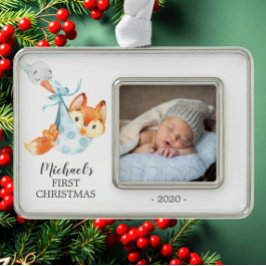 Special Delivery Fox Erstes Weihnachtsfest Foto Rahmen-Ornament Silber