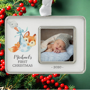 Special Delivery Fox Erstes Weihnachtsfest Foto Rahmen-Ornament Silber