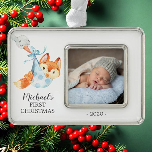 Special Delivery Fox Erstes Weihnachtsfest Foto Rahmen-Ornament Silber